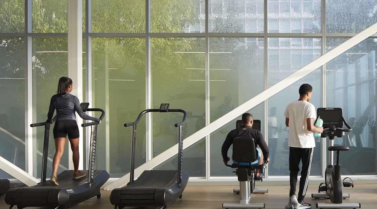 Interior view of The Hub at Prairie Shores with patterned acid etched glass