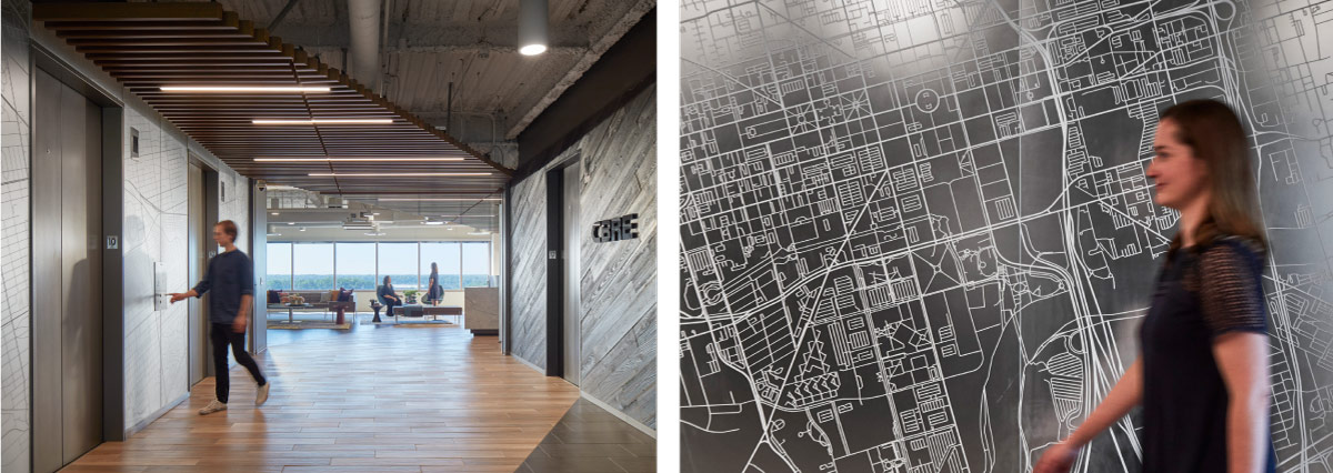 CBRE Indianapolis with Satinlite acid etched glass, digitally printed and laminated to grey mirror